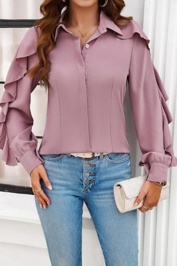 stylish non-stretch pure color ruffle single-breasted all-match blouse
