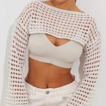 sexy slight stretch solid color hollow ribbed knit crop sweaters(no underwear)