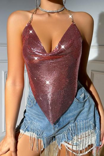 sexy 4-colors solid metal sequins chain halter neck backless irregular vest