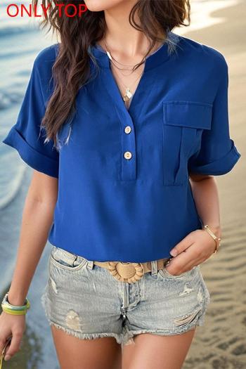 casual non-stretch pure color short sleeve pocket all-match blouse(only blouse)