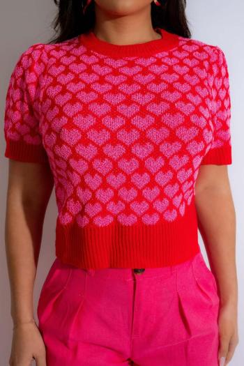 stylish slight stretch heart graphic knitted short sleeve all-match sweater