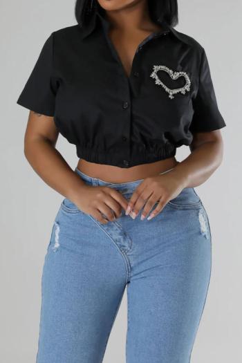 sexy plus size non-stretch solid color rhinestone heart-shaped crop shirt