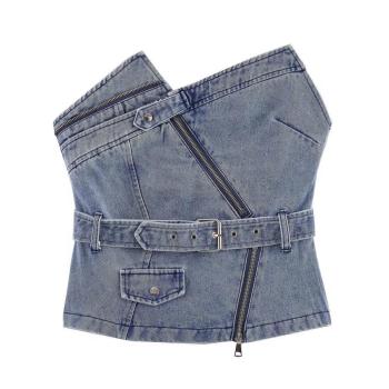 xs-l sexy non-stretch denim belt design zip-up all-match crop bandeau vest