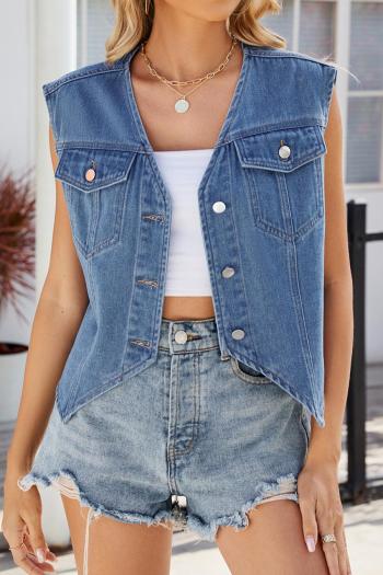 casual non-stretch solid color sleeveless denim jacket