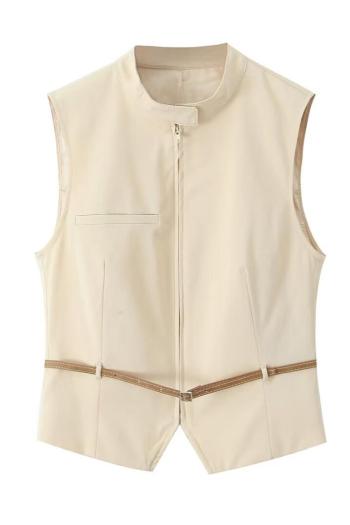 xs-l stylish non-stretch pure color zip-up with belt vest