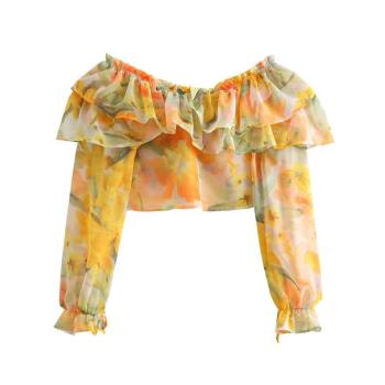 xs-l exquisite non-stretch floral tie dye off shoulder ruffle crop blouse