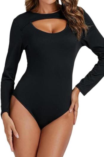 casual slight stretch long sleeves pure color hollow bodysuit