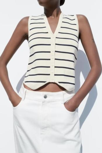 stylish slight stretch stripe knitted v-neck single-breasted crop vest