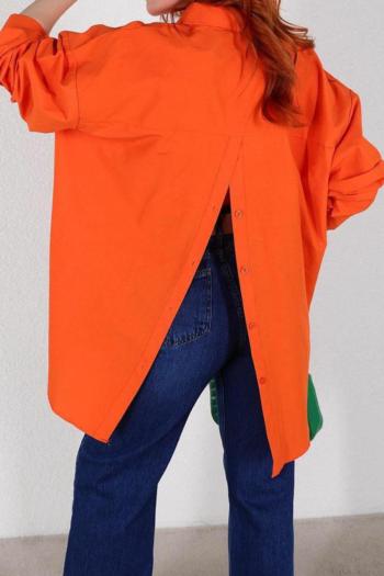 casual plus size non-stretch 5 colors orange long sleeve split back blouse