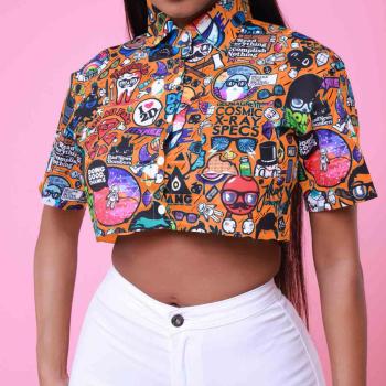 sexy plus size non-stretch batch printing crop top