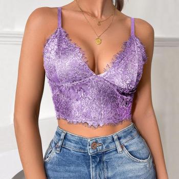 sexy slight stretch stitching lace solid color tank top