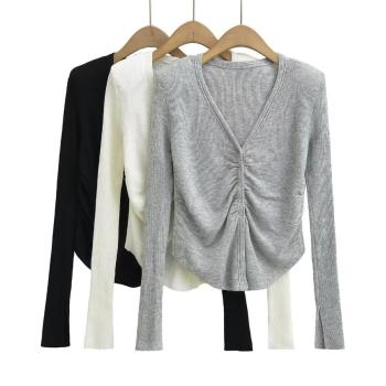 casual stretch solid v-neck pleated long-sleeve tops(size run small)