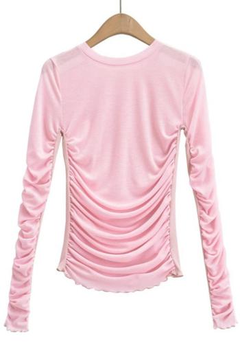 casual slight stretch 4-color pleated long sleeve thin knit tops(size run small)