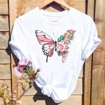 casual plus size slight stretch butterfly flower print simple t-shirt size run small