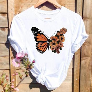 plus size slight stretch butterfly flower print simple t-shirt size run small#1