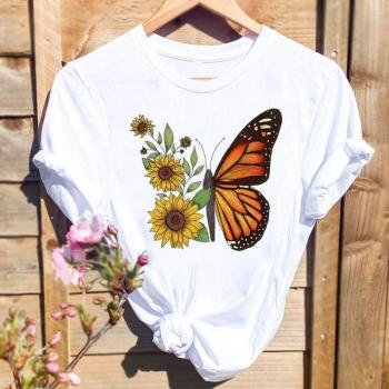 plus size slight stretch butterfly flower print simple t-shirt size run small#3