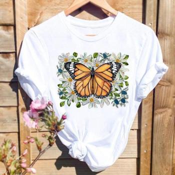 plus size slight stretch butterfly flower print simple t-shirt size run small#5