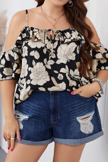 casual plus size non-stretch chiffon off-shoulder floral print blouses