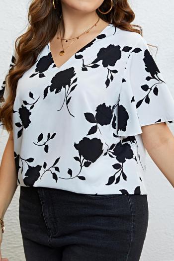 casual plus size non-stretch flower print loose v-neck blouses