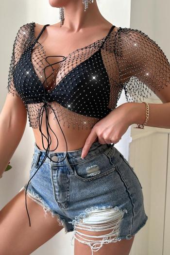 sexy non-stretch lace-up see through rhinestone crop top(without underwear)