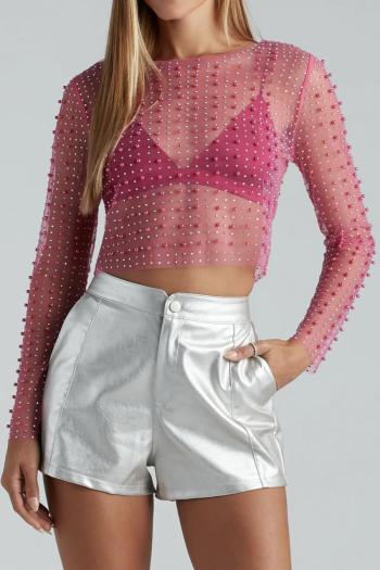 sexy plus size slight stretch mesh rhinestone pearl crop top(only mesh top)