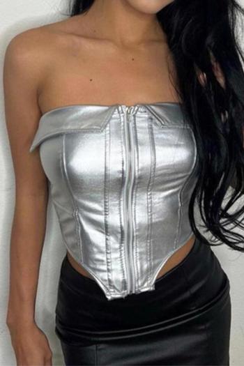 sexy slight stretch silver pu zip-up boned all-match bandeau vest