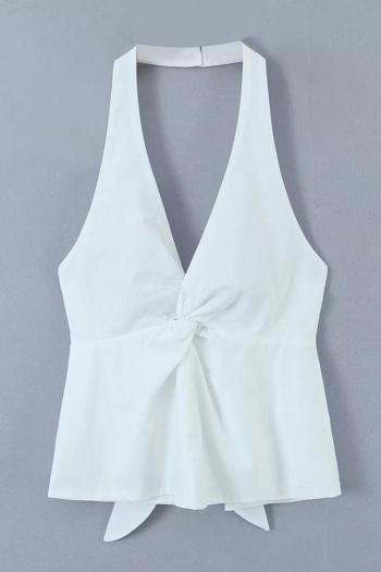 sexy non-stretch solid color halterneck knotted backless tank top