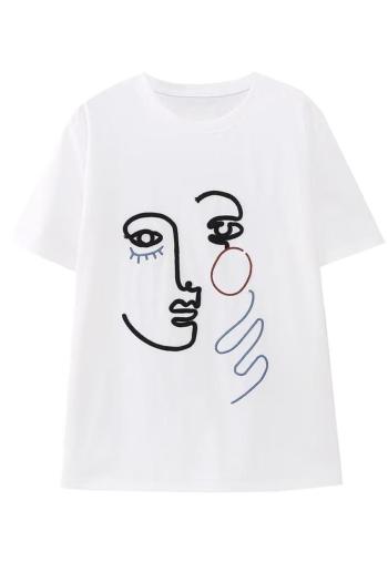 casual slight stretch solid color silhouette abstract embroidery t-shirt
