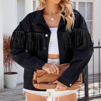 casual non-stretch tassel solid color single-breasted denim jacket