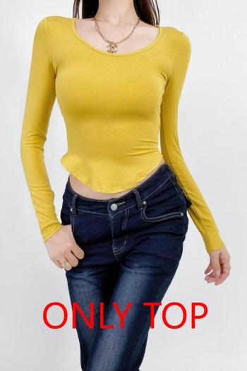 casual slight stretch solid color curved hem long sleeve tops (size run small)