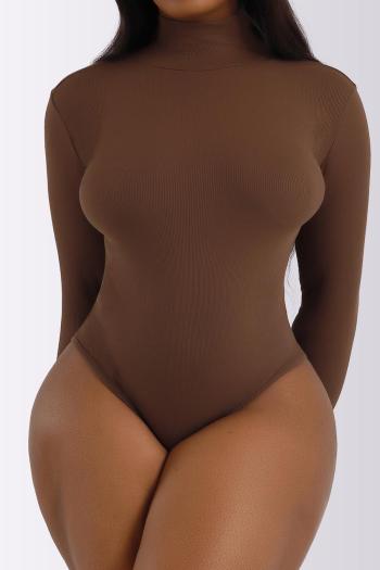 casual plus size high stretch high collar solid color bodysuit