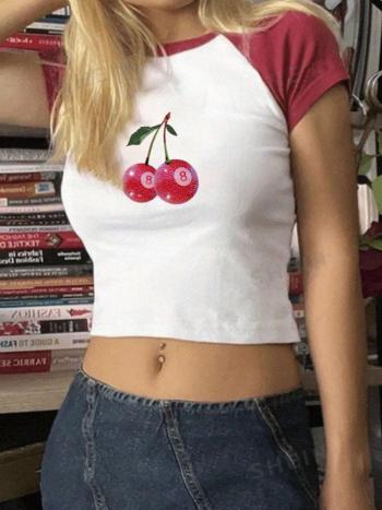 sexy plus-size stylish slight stretch cherry print all-match tops
