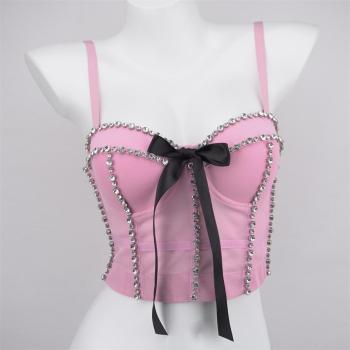 sexy slight stretch 7colors rhinestone bow padded tank top(with boned&underwire)