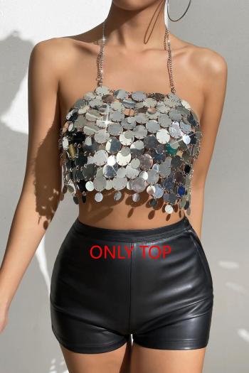 non-stretch solid color sequin halter-neck metal chain tank top