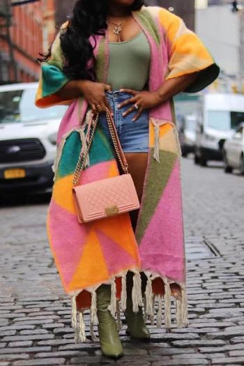 stylish plus size non-stretch contrast color loose tassel slit knitted cardigan