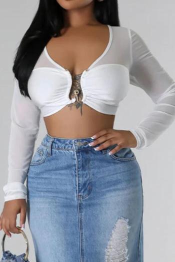 sexy plus size slight stretch mesh see through metal-ring linked crop top