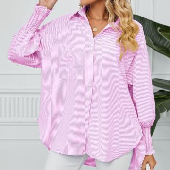 casual plus size non-stretch loose stripe batch printing shirring blouses
