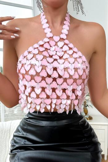 sexy heart-shaped acrylic splicing halter neck crop vest