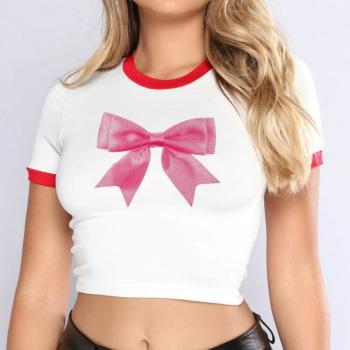 slight stretch contrast color new stylish sexy summer bow printing slim crop top