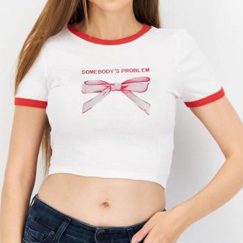 sexy contrast color new stylish letter bow printing slight stretch crop top