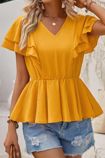 new casual non-stretch solid color v-neck ruffles short sleeve top