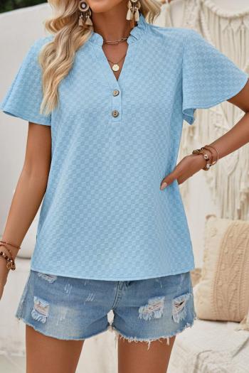 stylish non-stretch solid color v-neck button decoration loose short-sleeved top