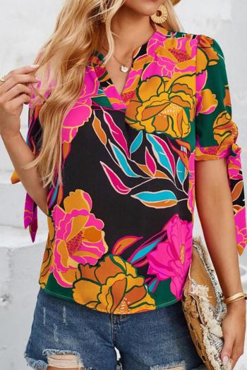 new casual stylish non-stretch batch printing v-neck cuffs tied top