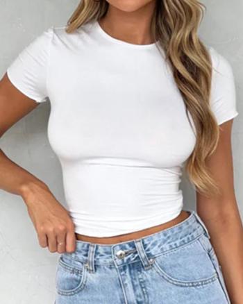 sexy slight stretch solid color navel round neck short top