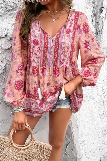casual flower batch printing non-stretch single breasted loose blouse