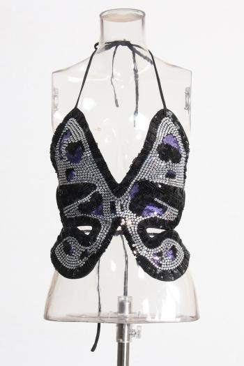 sexy non-stretch butterfly rhinestone sequins beaded backless good quality top