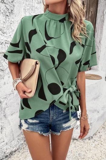 stylish non-stretch geometric pattern batch printing lace-up casual blouse