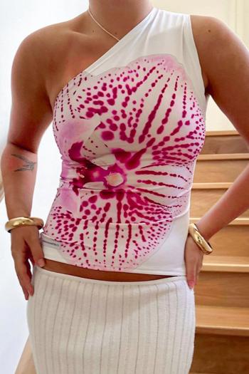 sexy slight stretch lily printing one shoulder tank top#1