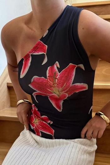 sexy slight stretch lily printing one shoulder tank top#2