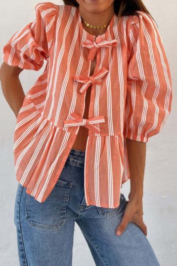 sexy non-stretch striped printed loose lace-up short-sleeved shirt
